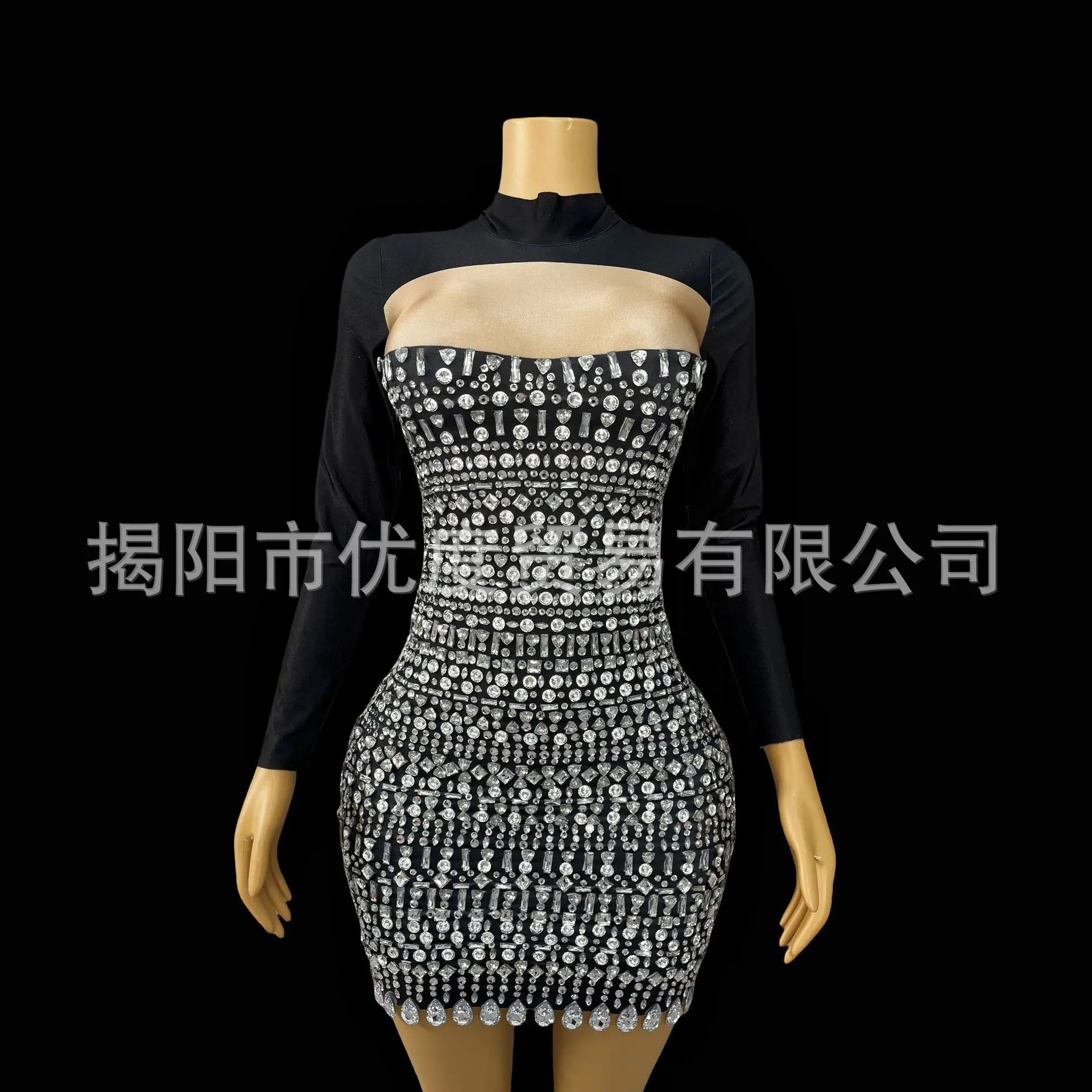 تصميم تحسس الرقبة العالية كم طويل DJ استقبال مشرق منظور شبكة الراين عيد ميلاد ليلة فساتين الكنيسة باردة للمرأة