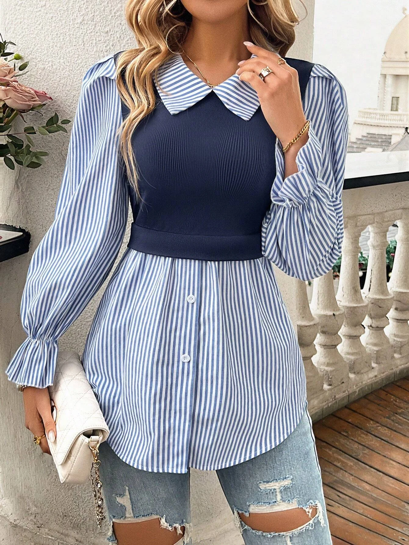 Women's 2025 Elegant Striped Splicing Blouse Long Sleeve Single Breasted Shirt Tops