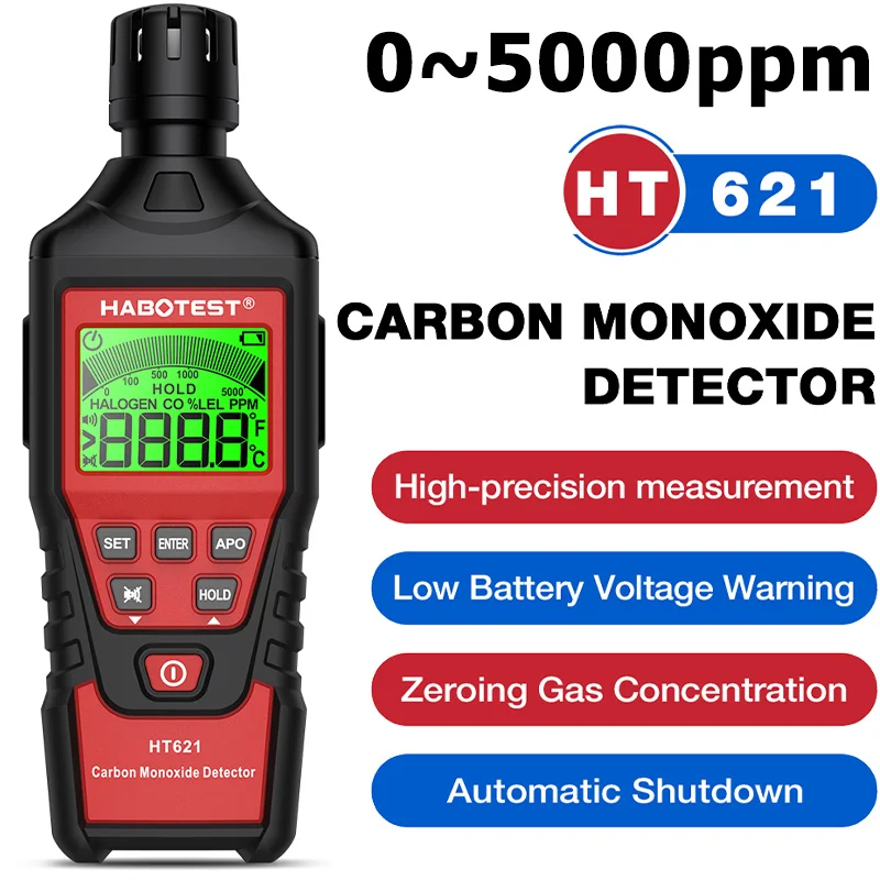 0~5000ppm HT621 Carbon Monoxide Detector Sound and Light Alarm Professional High Precision CO Gas Tester LCD Backlight Display