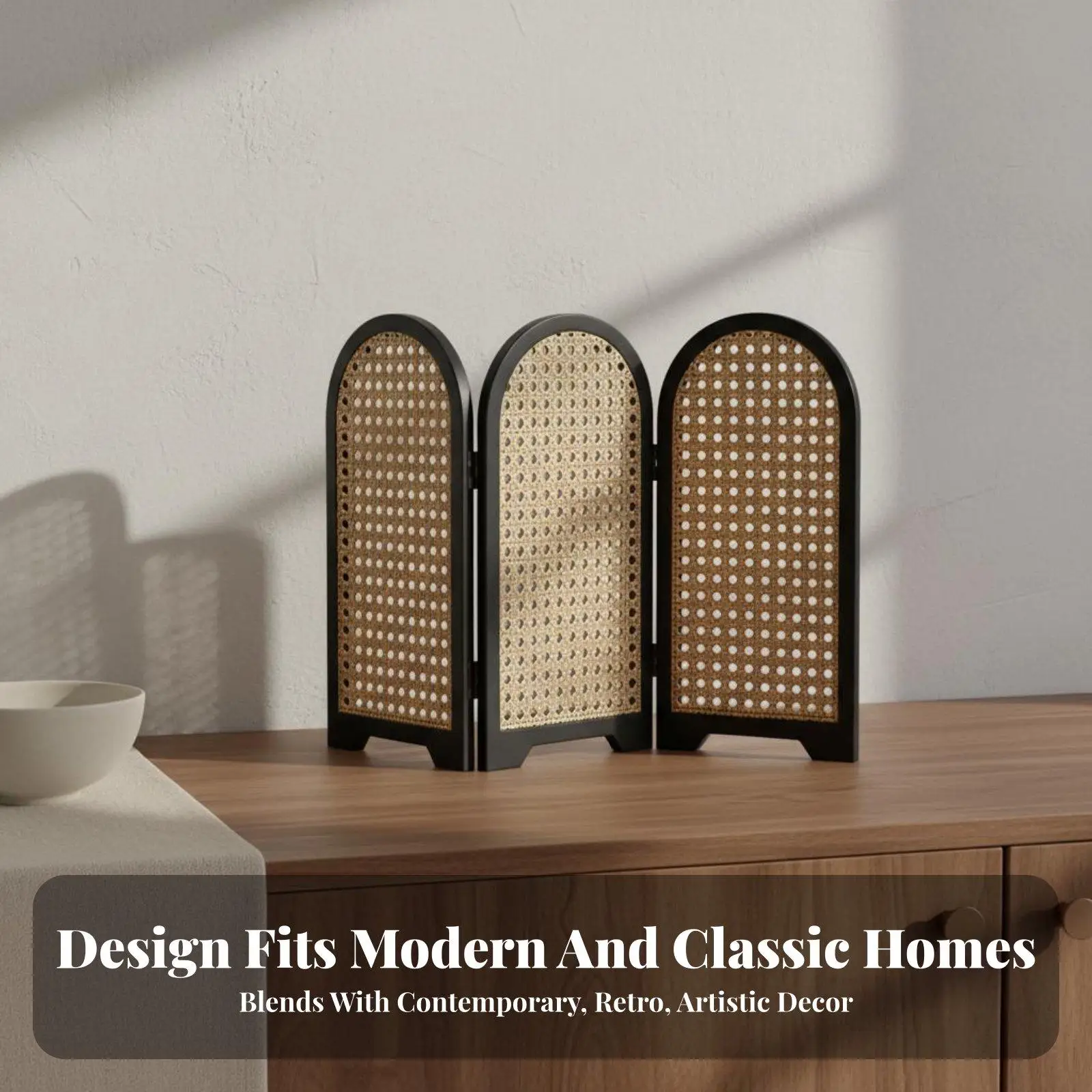 Oriental Woven Room Divider Compact Tabletop Screen with Arch Frame for Japanese Chinese Home Decor