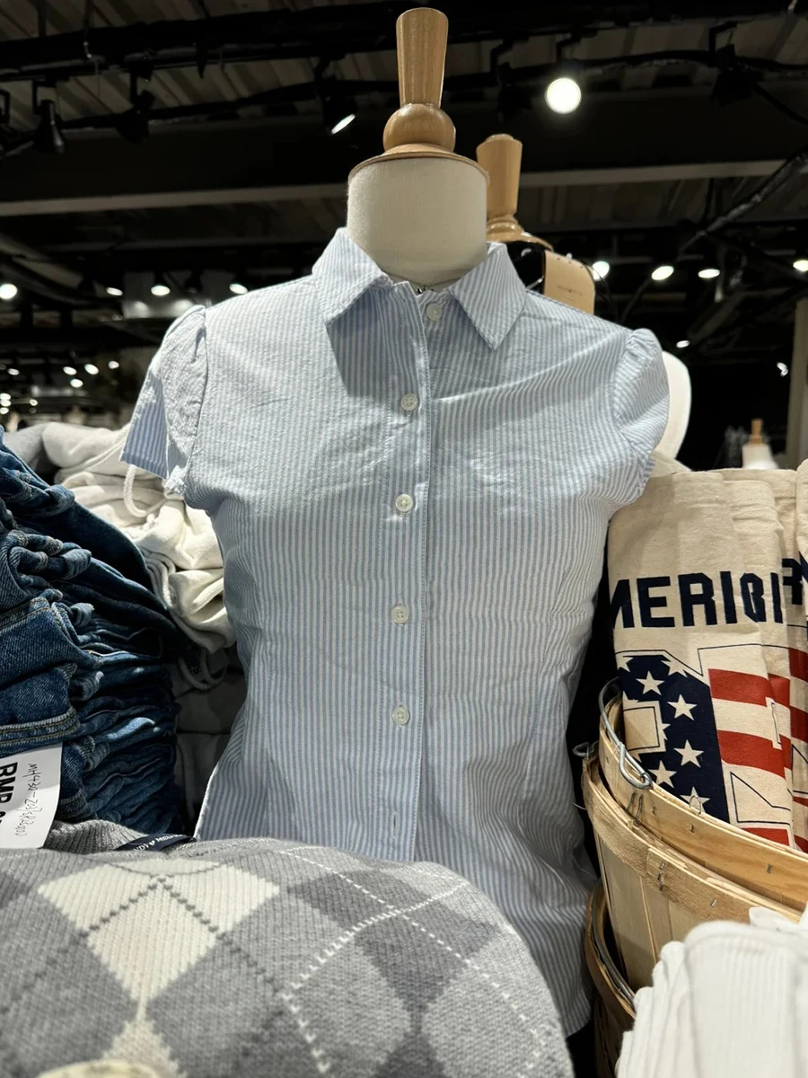 بلوزة نسائية صيفية مخططة باللون الأزرق الحلو ملابس خروج غير رسمية بأكمام قصيرة تي شيرت لطيف على طراز Preppy تي شيرت Y2K جديد