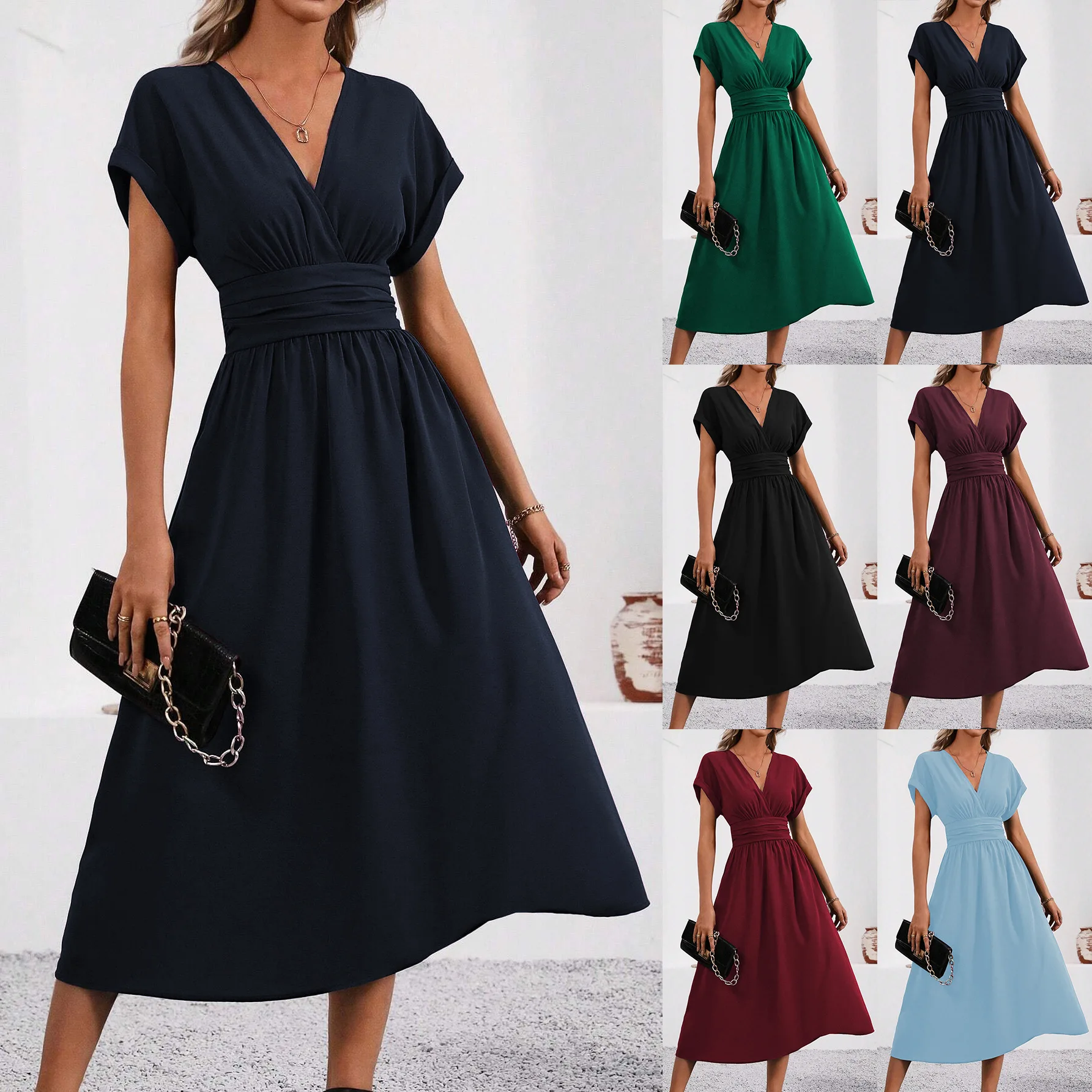 

Elegant Long V-Neck Batwing Sleeve Dress for Women in Summer Pure Color Overlap Waist Pleated Maxi Dress Casual PVC Fabric