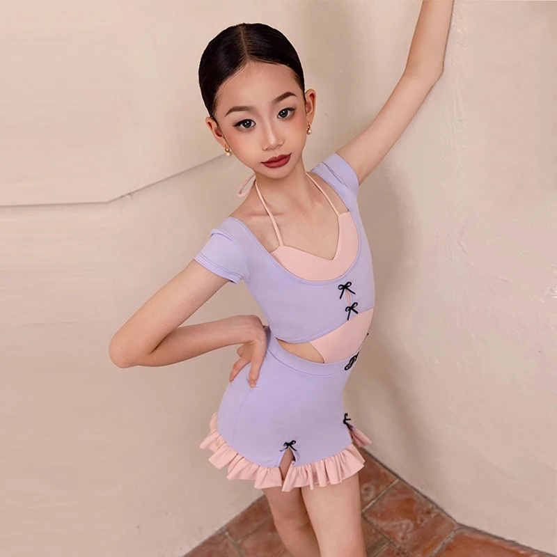 Neue Lila Latin Dance Kleidung Mädchen Sommer Kurzarm Dance Performance Kostüm Rumba Cha Cha Ausbildung Dancewear VBH1875