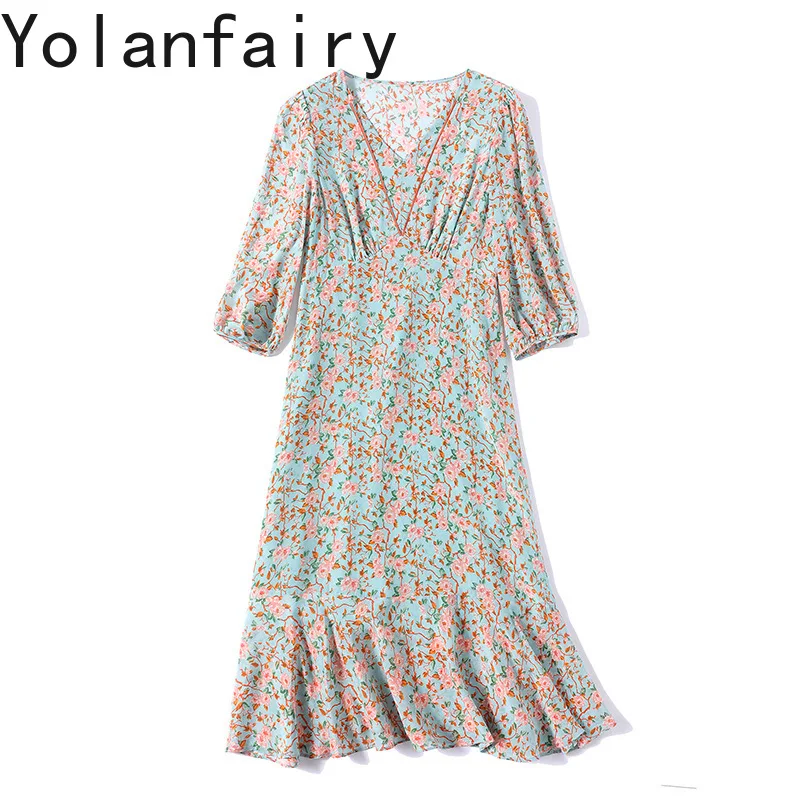 

YOLANFAIRY 100%Real Mulberry Silk Dress Woman Summer 2025 Floral Dress Three-quarter Sleeve Ladies Dresses Vestidos Verano Mujer