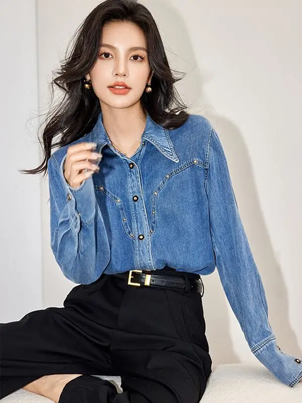 Retro Hong Kong Style Denim Shirt Women\'s Design Loose Fit Niche Long Sleeved Shirt Outerwear 2024 Spring and Autumn New Item