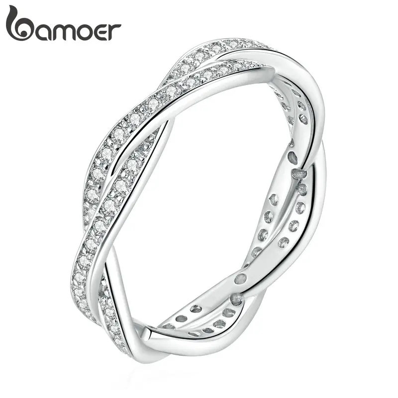 bamoer Fashion Shining Stone Ring for Women SILVER Color RING Twist Of Fate Stackable Ring Wedding Gift PA7222