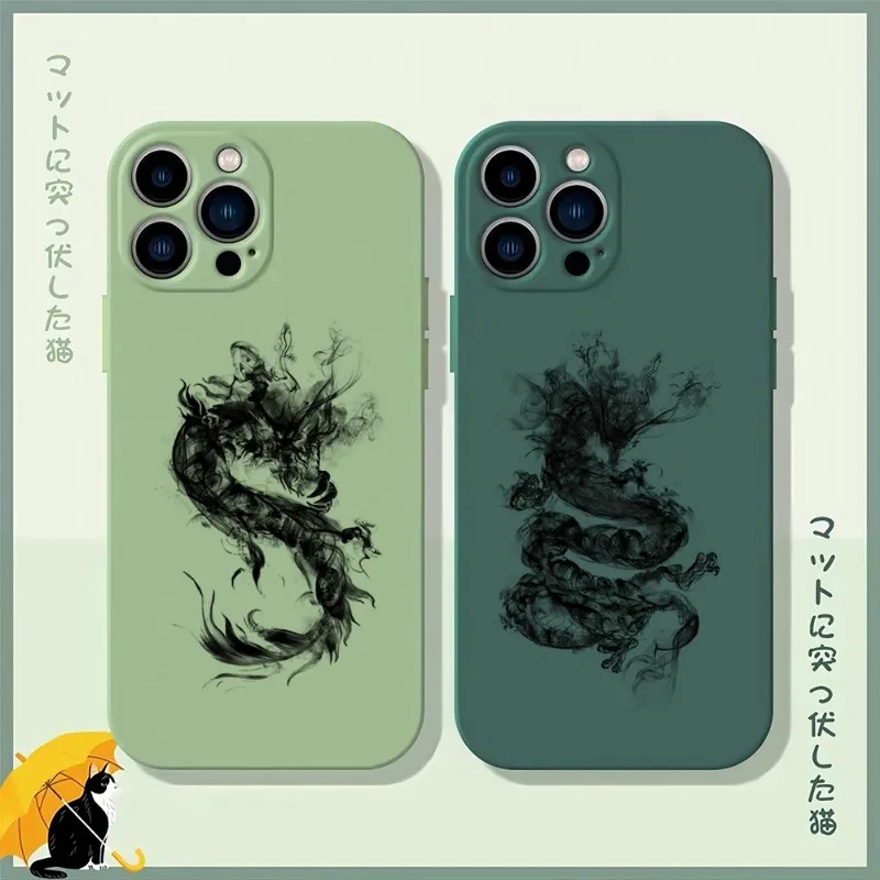 Ink Dragon Phone Case Matcha Green For IPhone 12Pro 13 14 11 Pro Max Mini Xs X Xr 7 8 6 Plus Se2020 Cover