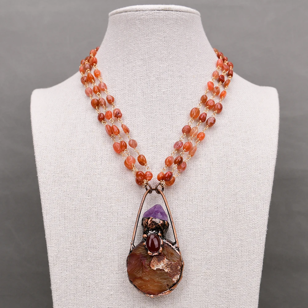 

GG 3 Rows Natural Red Agate Necklace Bronze Plated Amethyst Agate Gems Pendant Handmade Chic Gift