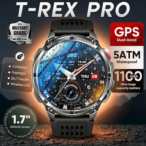 2026 New T-Rex3 Pro 1100mAh Battery Smart Watch GPS Path 5ATM Waterproof Sports Run Tracker Outdoors Compass Military Smartwatch