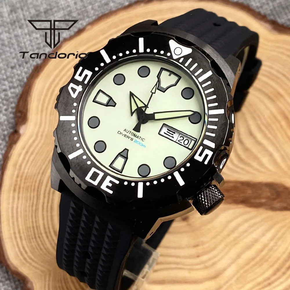 Tandorio Full Green Luminous Wristwatch NH36 Week Date 42mm Monster Black Case 20BAR Dive Automatic Men Watch AR Sapphire Glass