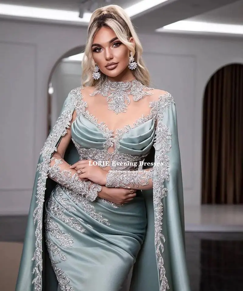 LORIE Luxury Mermaid Satin abiti da sera 2022 Appliques di pizzo con spacco alto Glitter maniche lunghe Vestidos De Noche Robes De Soirée