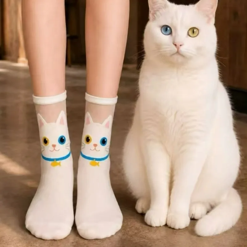 1/5Pairs Novelty Cat Socks Women Men Cartoon Abstract Sheer Splice Socks Cute Cat Pattern Mid‑tube Stockings Funny Gift Sock Set