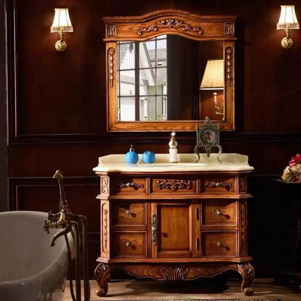 Picture 3: European Style Bathroom Cabinet Red Oak Antique Solid Wood American Wash Stand with Marble Sink Basin