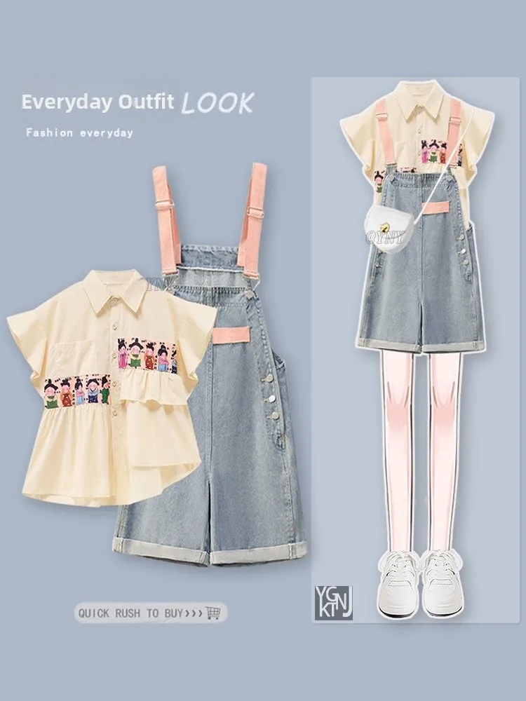 Summer Anti-Aging Women's Set with Flng Sve Design College Sle Denim Overalls And orts Two-Piece Ensemble