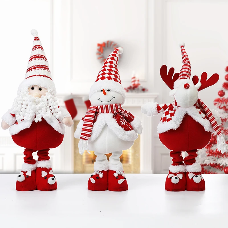 Red And White Striped Santa Claus Snowman Reindeer Standing Telescopic Legs Doll Ornament Christmas Table Decor New Year Navidad