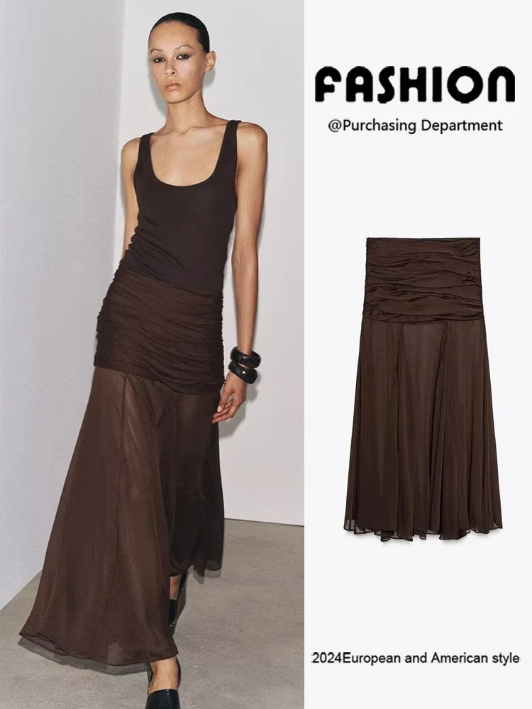 

New Summer Women's Faionable Semi-Transparent Pleated Design Skirt Versatile Midi Skirt Transparent Gauze Material 3375