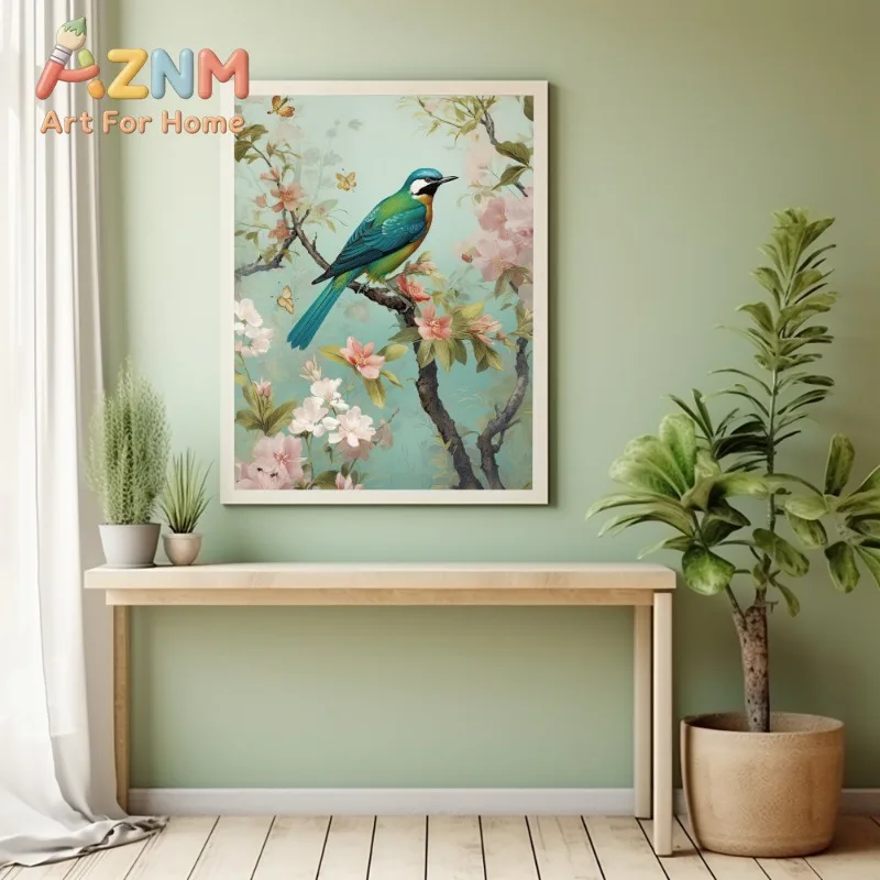 Traditional Chinoiserie Bird and Flower Budgie Heron Landscape Poster Canvas Printing Wall Art Pictures Home Interior Room Decor
