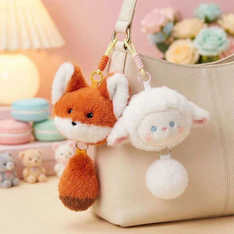 Cute Fluffy Animal Plush Keychain Fox Sheep Panda Red Panda Wolf Rabbit Stuffed Doll Bag Charm Kawaii Cartoon Keyring Kawaii
