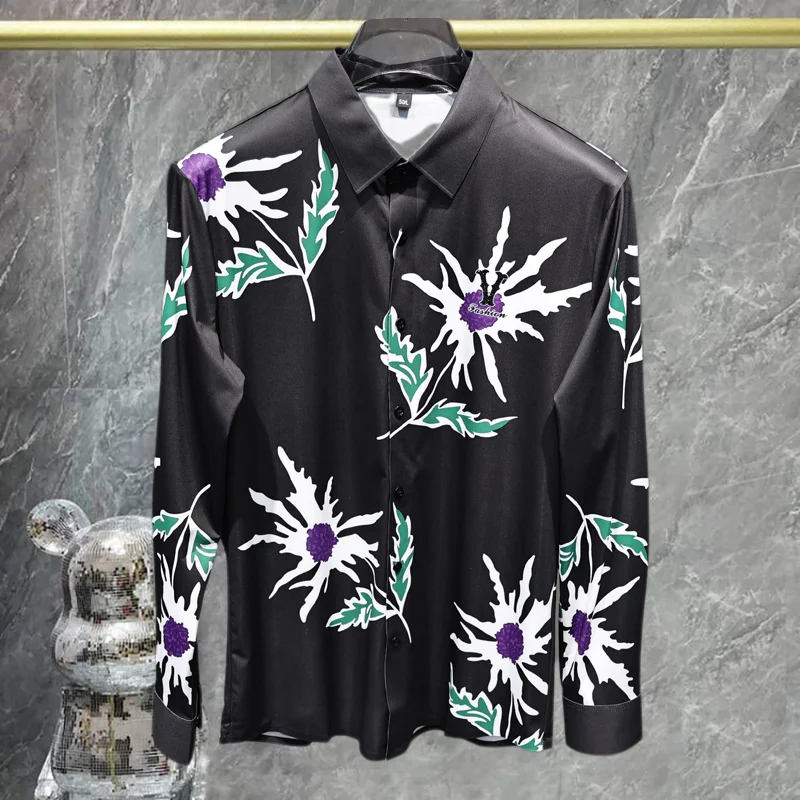 

Высококачественная Роскошная фоторубашка для мужчин, осень 2024, модная универсальная популярная рубашка с алмазным принтом, черные мужские рубашки