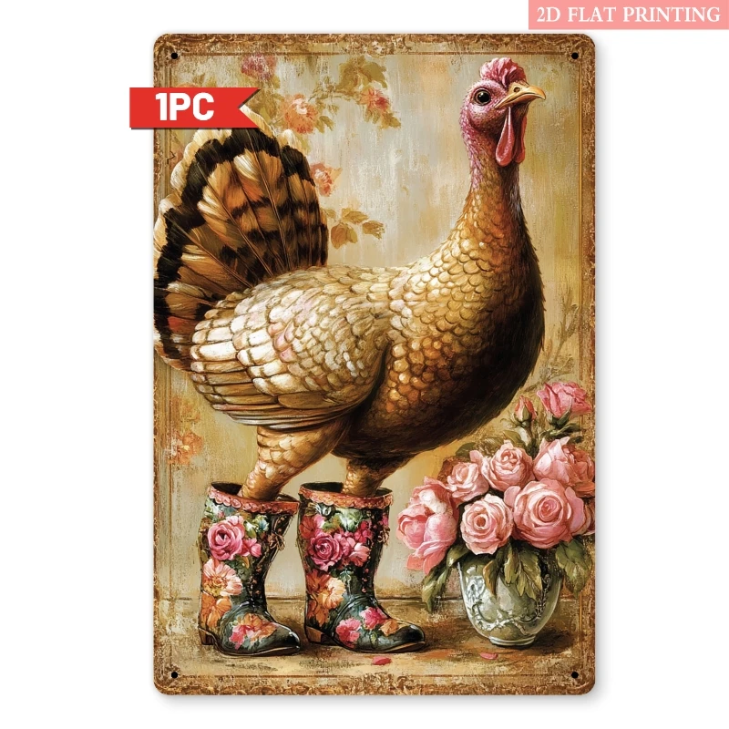 2D Flat - A Vintage-Style 2D Flat Metal Sign Featuring a Turkey in Floral Boots, Ideal for Farmhouse Decor. This Rustic Iron Pla