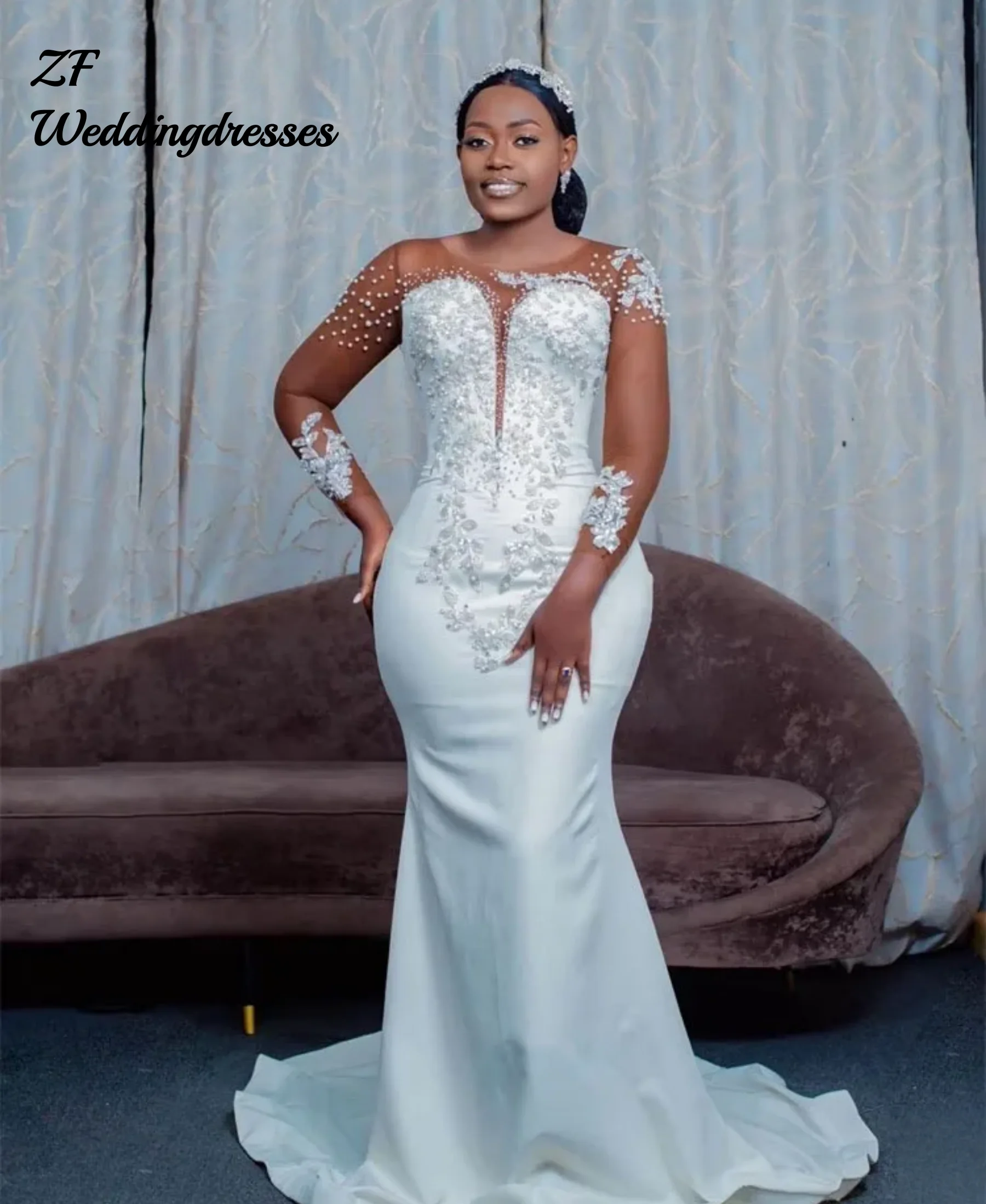 Robe De mariée sirène en Satin, Illusion personnalisée, manches longues, col rond, avec des Appliques, pour femmes