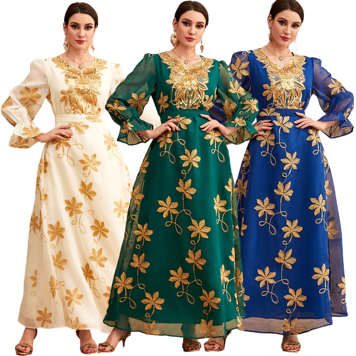 

Ramadan Morocco Middle East Islamic Women's Clothing Dubai Arab Robe Evening Dress Mesh Embroidered Dress