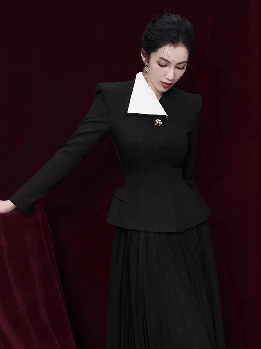 VGH Elegante afslankende tweedelige sets voor vrouwen V-hals met lange mouwen Top Hoge taille Gedrapeerde chiffon rok Chique set Vrouwelijke mode Nieuw