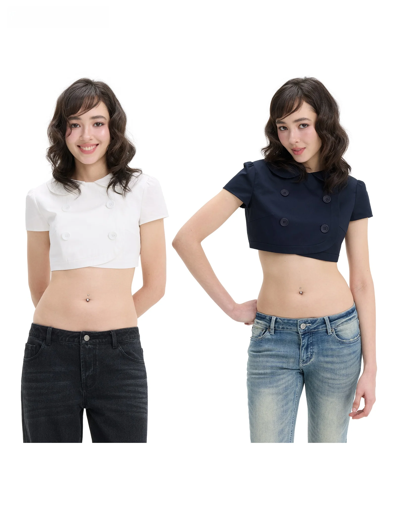 

Veryrareme Two-Tone Doll Collar Top Cute Style Short Sleeve Women's Shirt Non-Shrinkable Material Spring Season Fashion