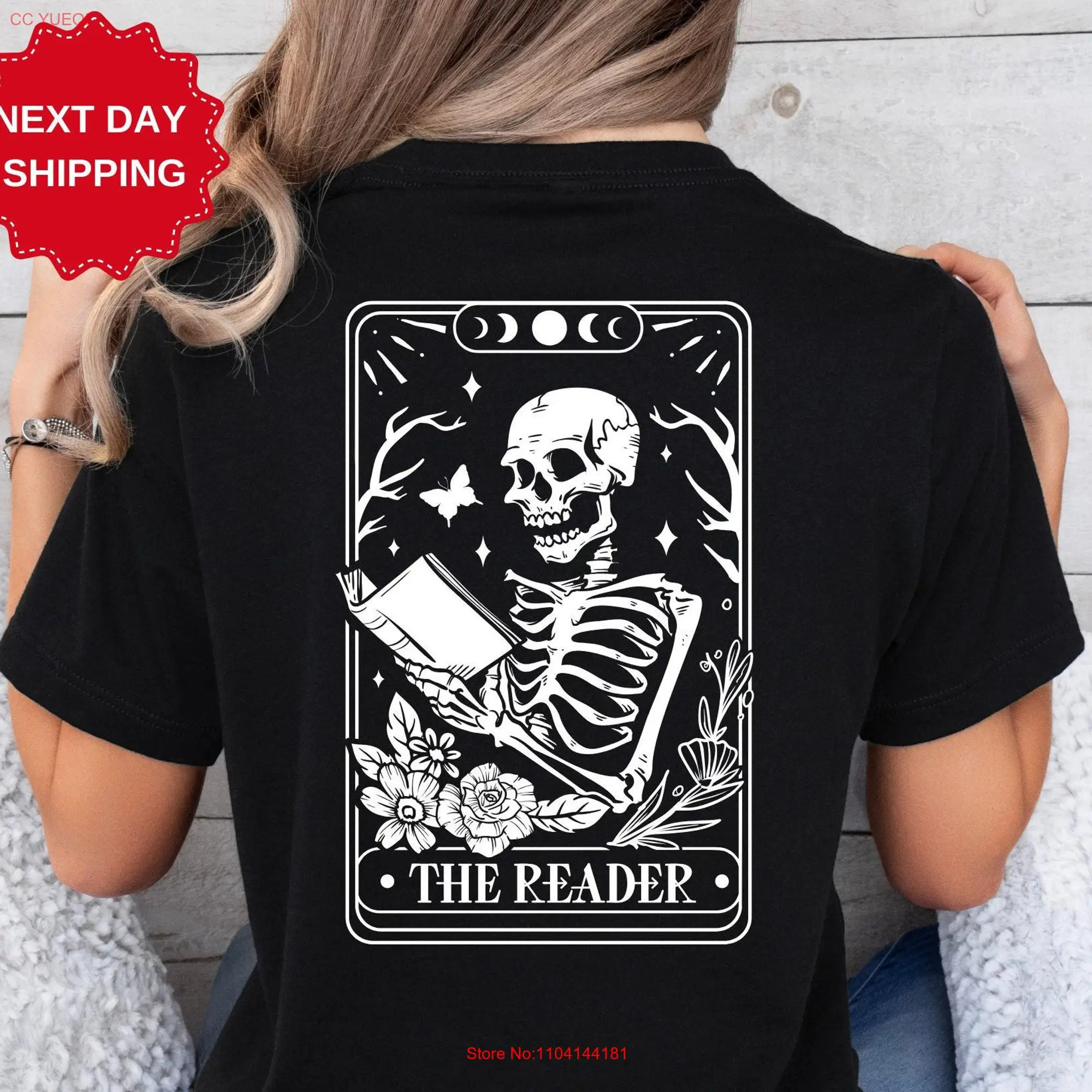 The Reader Tarot Card T Shirt Skeleton Reading Book Lover For Women Halloween long or short sleeves