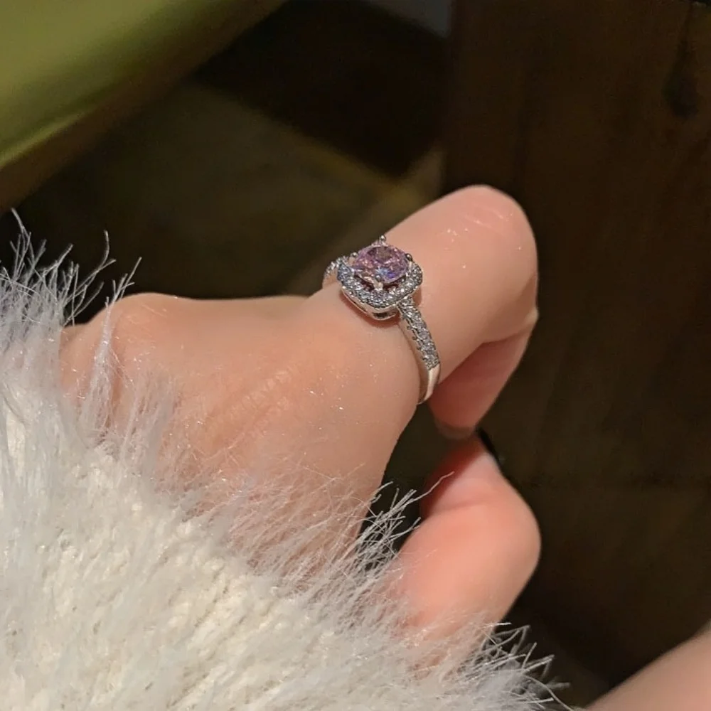 Französischer Retro-Ring mit rosa Imitationskristallen und Zirkonia, silberfarbenes Herz, verstellbarer Damenring, trendiger Schmuck, Accessoires – Detail 6