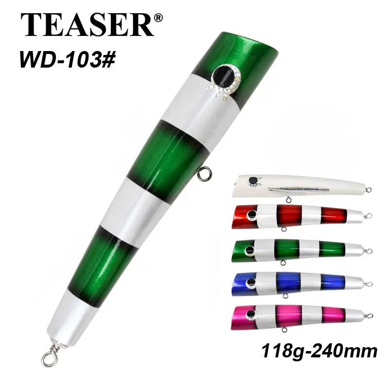 TEASER WD103 120g Holz Popper Topwater Angeln Trolling Big Game Stickbait Künstliche Schwimmende Salzwasser Jigging Köder Mit Haken