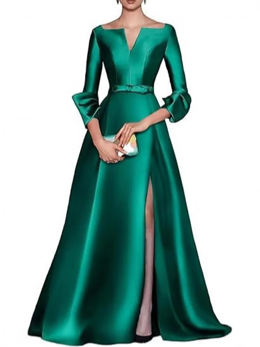 Gaun Ibu Pengantin Warna Hijau Tua yang Elegan 2026 Kerah V Lengan Setengah Bahan Satin Silt Panjang untuk Acara Pernikahan, Tamu, dan Pesta Formal