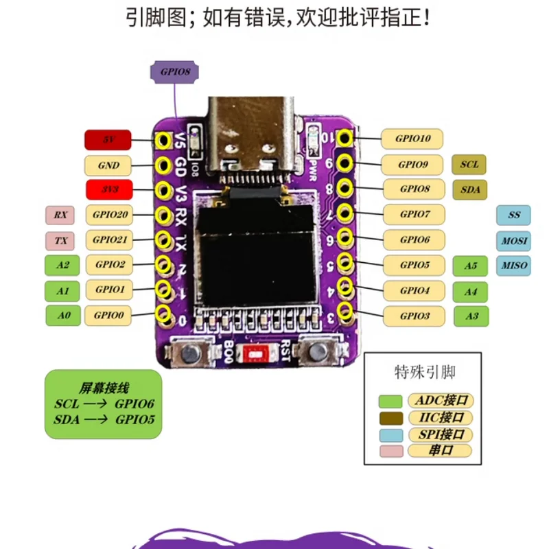ESP32-C3 placa de desenvolvimento oled antena cerâmica esp32 placa de desenvolvimento wifi bluetooth tela de 0.42 polegadas