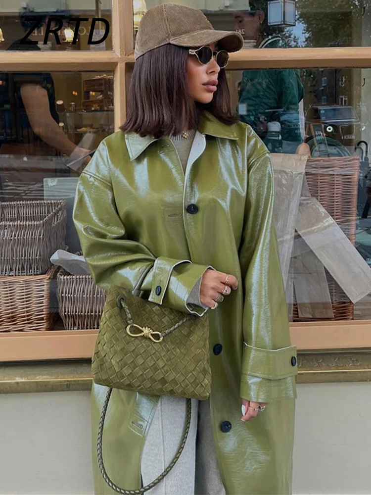 Street Women's Green Leather Overcoat Loose Lapel Single Breasted Full Sleeve Long Coats 2024 Autumn Lady Solid Trench Coat New