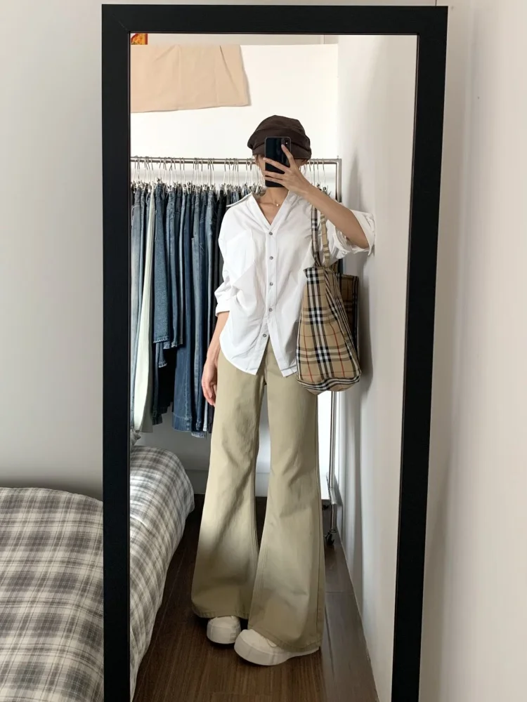 

Женские джинсы-клеш с низкой посадкой, свободные, удлиненные, не облегающие, винтажные, повседневные, цвета хаки