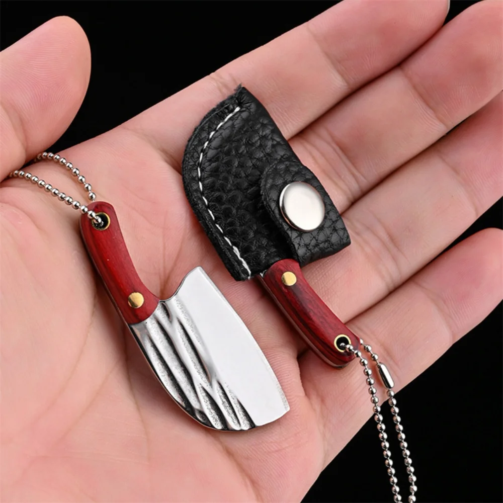 Portable Mini Keychain Kitchen Knives Pendant With Leather Case Wood Handle Stainless Steel Key Chains Outdoor Cutting Tools view 2