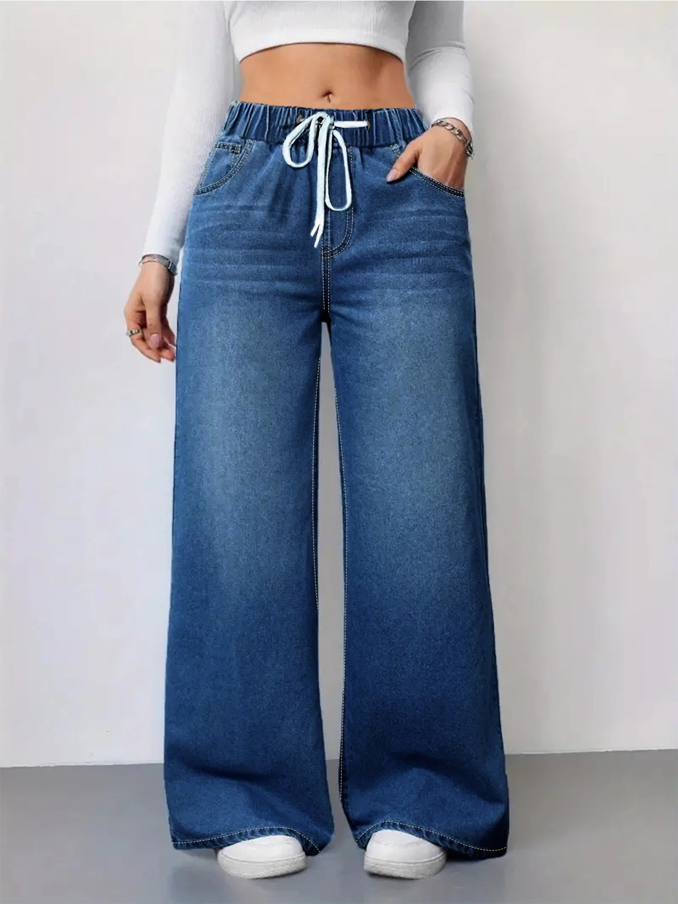 

Женские прямые джинсы больших размеров, простой дизайн с поясом, свободная высокая талия, большие размеры, женские джинсовые брюки