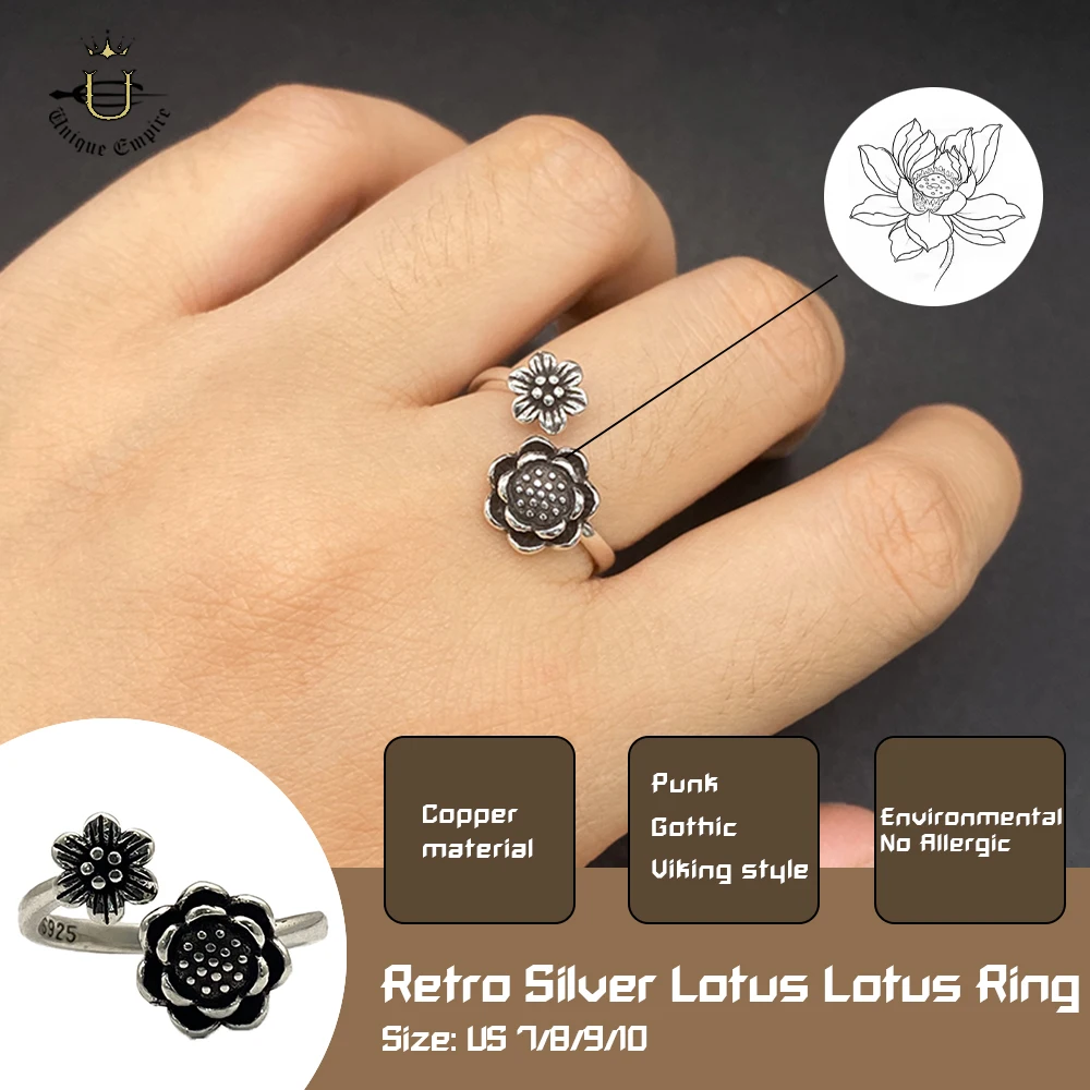 

Gothic Lotus Ring Vintage Silver Adjustable Unisex Jewelry Dark Aesthetic Boho Ring for Women/Men, Unique Gift for Birthday/Part