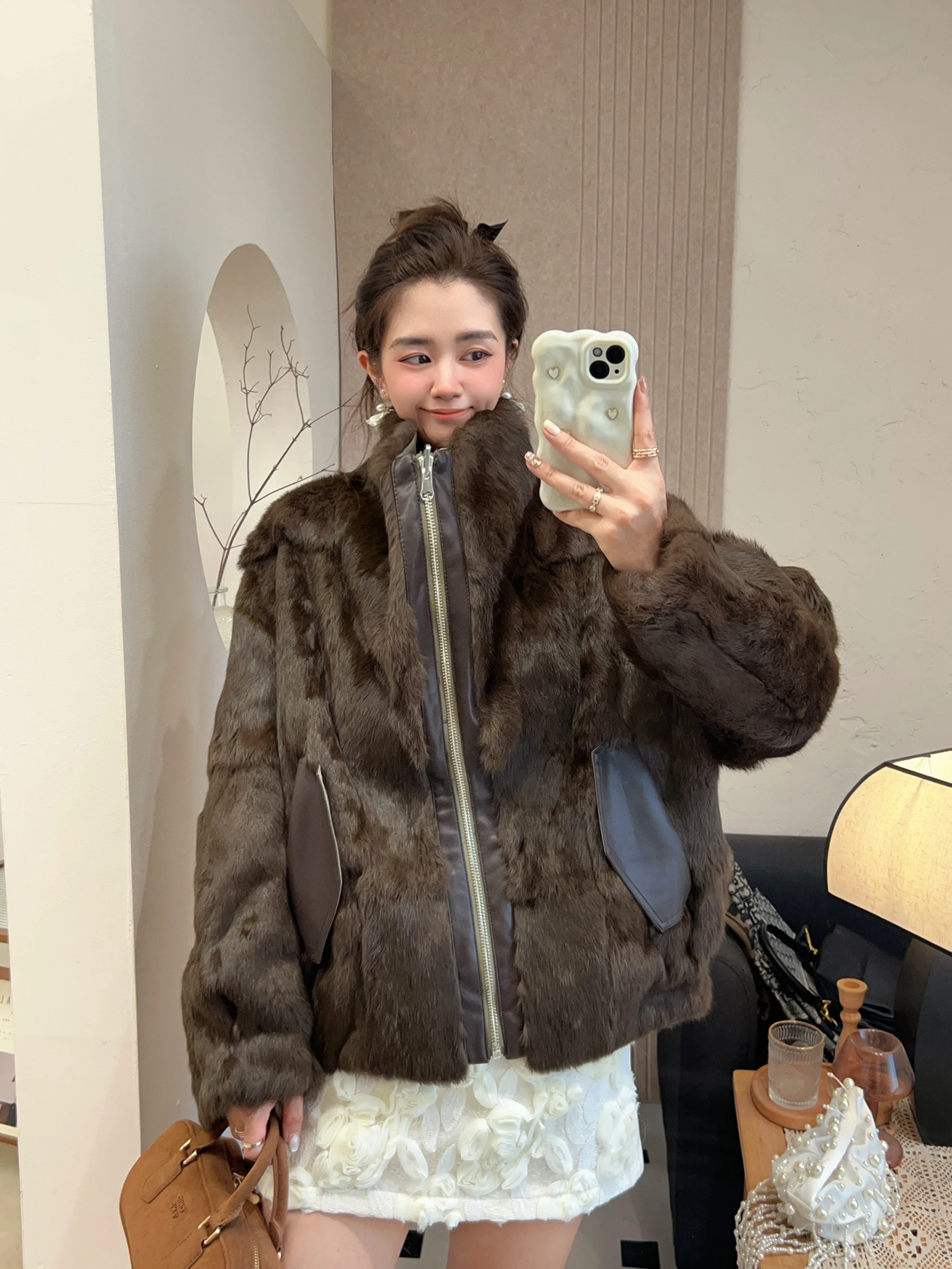 

Double-Sided Wear Rabbit Fur Coat Young Loose Sle Women's Parka Coat Casual Long Sve Winter Outerwear Faionable