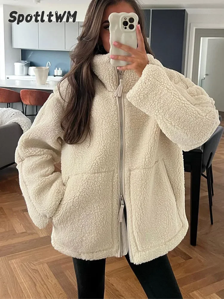 Autumn Winter New Fleece Stand Neck Jacket Double Headed Zipper Loose Warm Lamb Wool Coat 2024 Casual Solid Plush Warm Outerwear