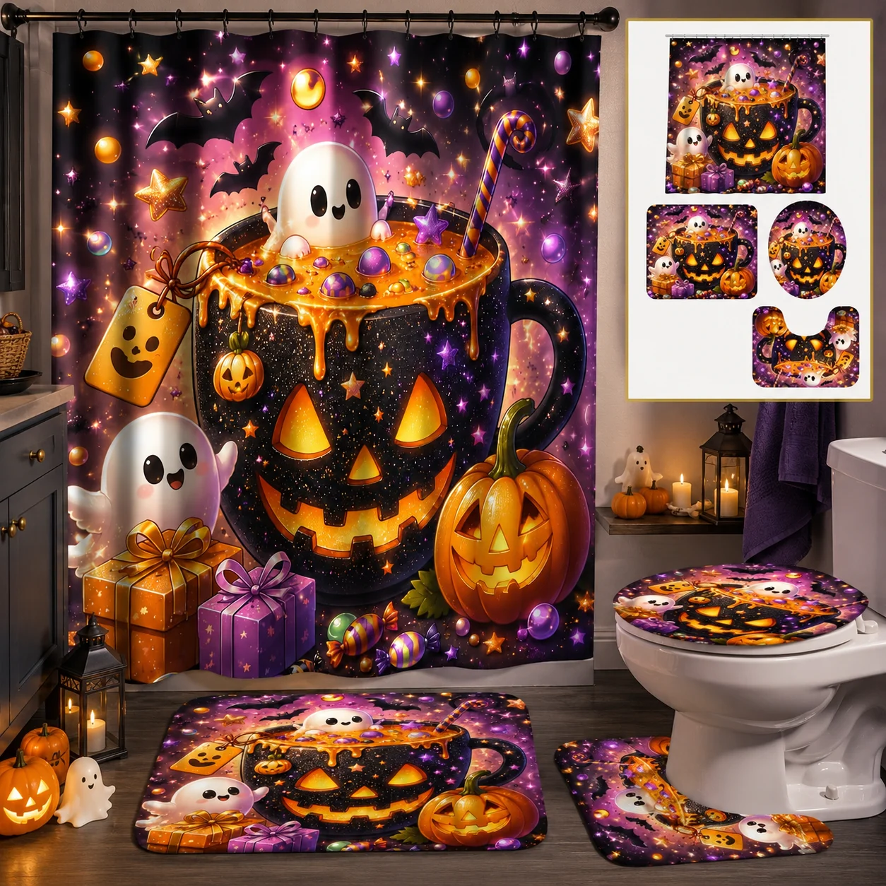 4pcs Halloween Glitter Star Pumpkin Mug Cute Ghost Candy Gift Box Shower Curtain Set, Halloween Decor Bathroom Curtain Set With 12 Hooks Include Non-Slip Bathroom, Toilet U-Shape, Toilet Lid Cover, Fashion Bathroom Accessories Halloween Gifts