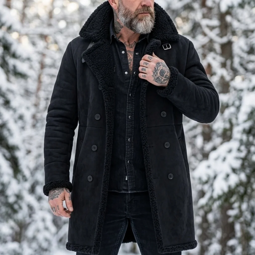 Men's Faux Suede Fur Lined Winter Jacket Windproof Double-Breasted Belted Trench Thick Warm Hunting Hiking Coat Winter Male Coat