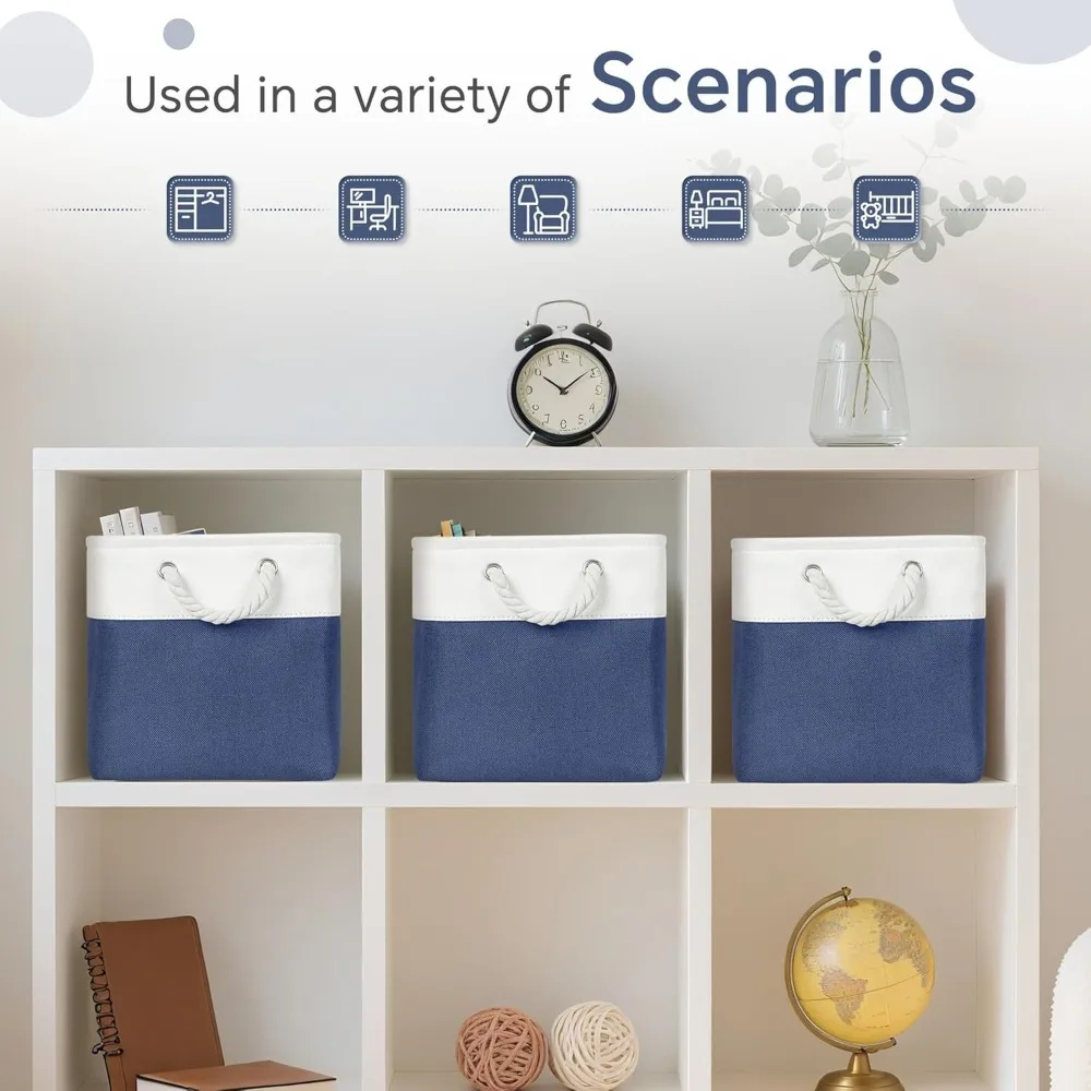 6-Pack 11x11 Inch Cube Storage Baskets with Cotton Handles for Organizing Closets, Shelves, Clothes, Toys, and Towels in White a