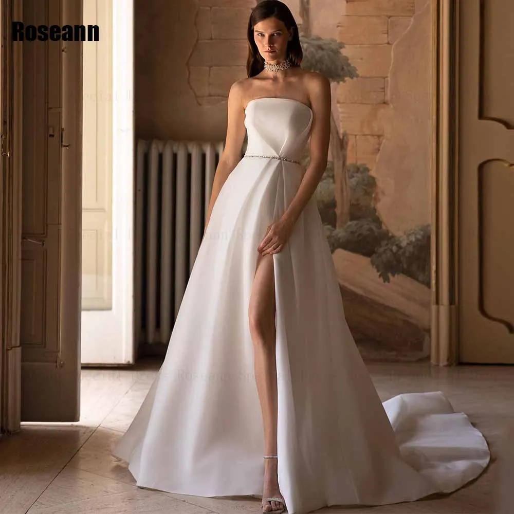 

Simple A-line Wedding Dresses Strapless Belt Tulle Sleeveless Draped Pleat Bride Dresses Brush Train Floor Length robe de mariée