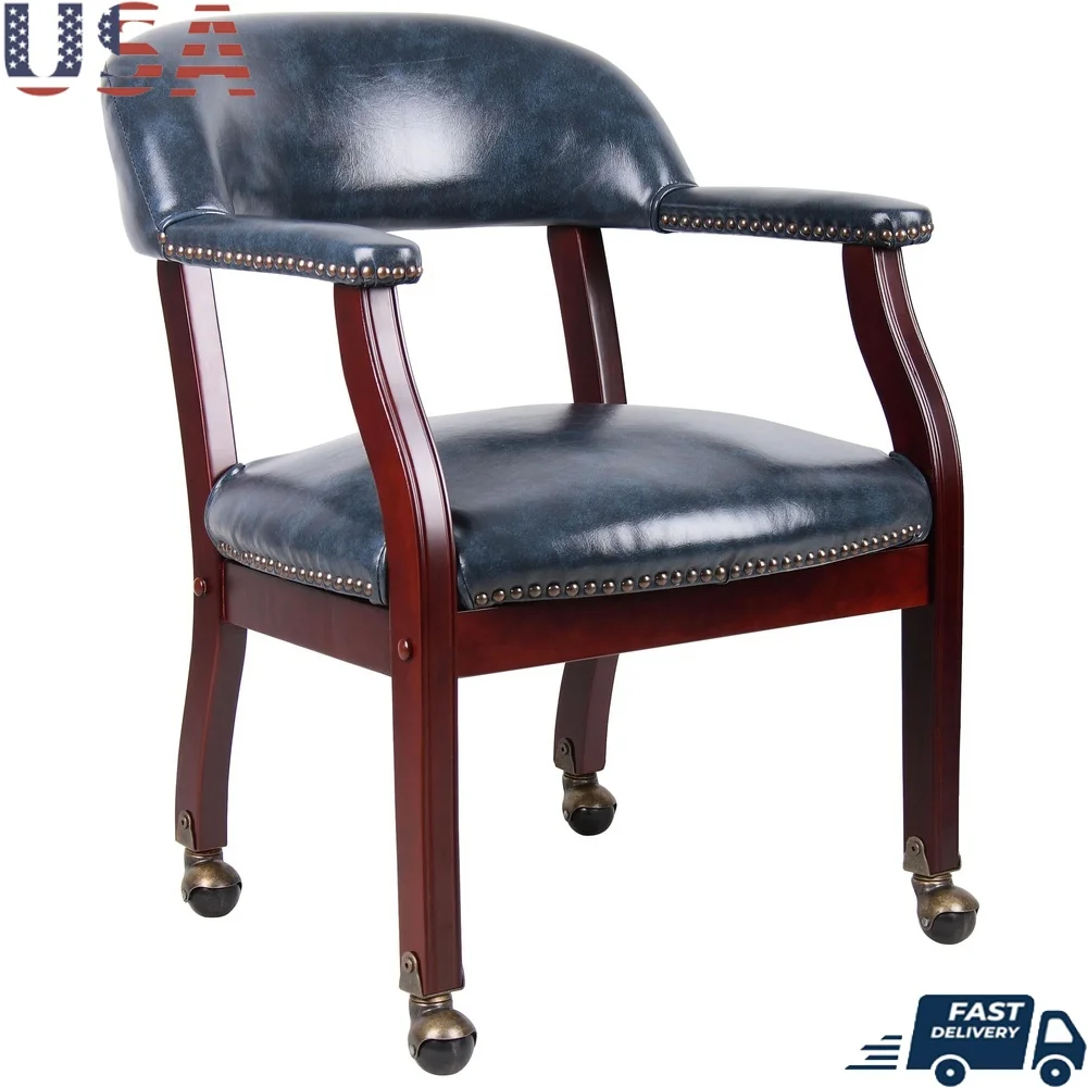 

Традиционный стул-капитан из красного дерева с синей виниловой обивкой, ручная латунная отделка ногтей, прочная деревянная рама для внутреннего использования