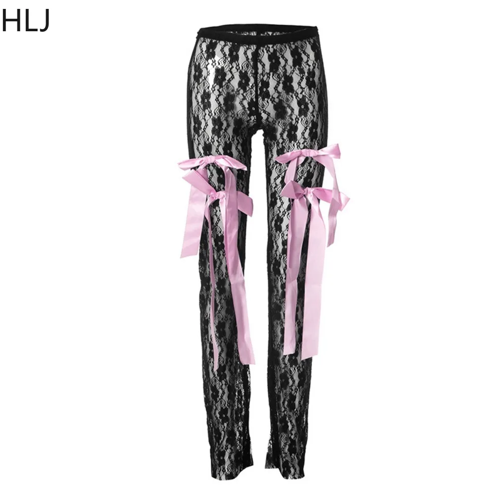 HLJ Fashion Y2K Streetwear Women Letter Print O Neck Slim Crop Top And Mesh Sheer Bow Skinny Pants Two Piece Sets Outfits 2024