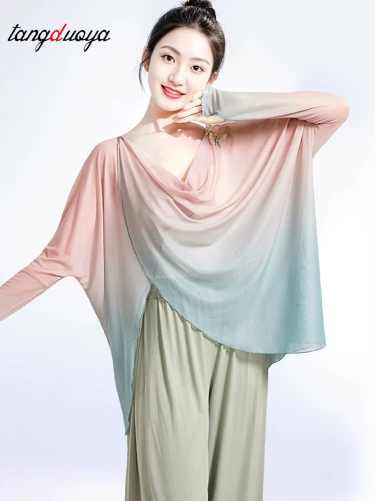 Classical Dance Top Gradient Butterfly Decoration Thumb Hole Swinging Gauze Top Lyricism Ethnic Dance Practice Top for Women