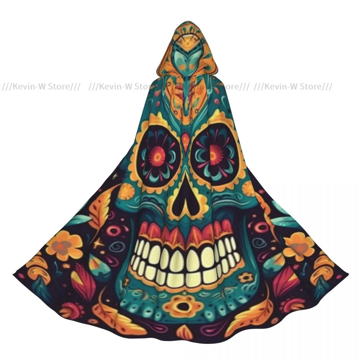 Day Of The Dead Mexican Sugar Skull Hooded Cloak Polyester Unisex Witch Cape Costume Accessory