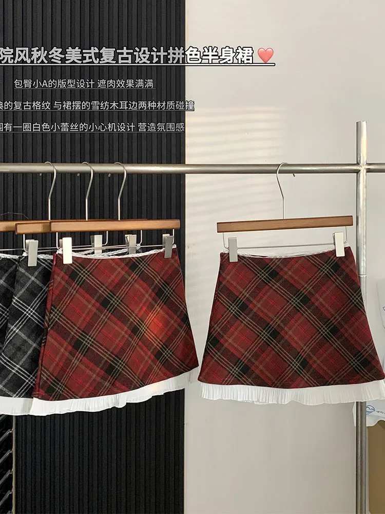 Kpop Streetwear Plaid Skirt High Waist Basic A-Line Skirt Gyaru Preppy Style School Streetwear 2023 Autumn Winter High Street