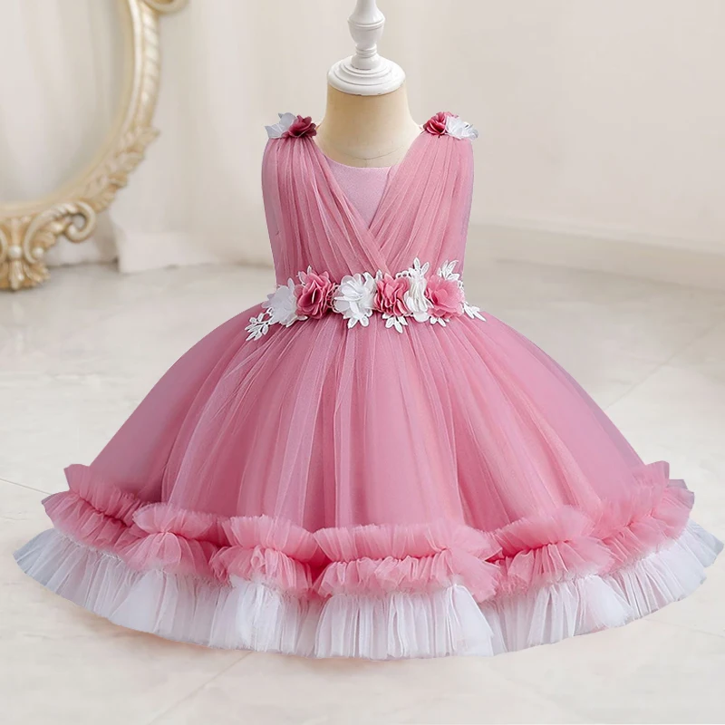 0-6-year-old children's dress 2024 New Year's new Christmas birthday party new jacquard embroidered one shoulder flower dress